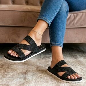 West Loop Women's Casual Slip-on Glitter Slide Sandals, Black Size 9-10